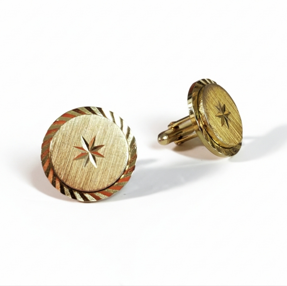 Swank 7/8" Cufflinks Gold Plated Diamond Cut Coin Vintage Formal Wedding Guest